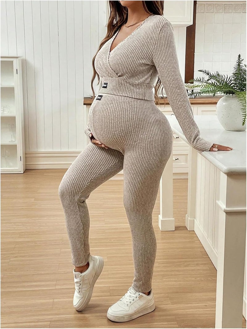 OYOANGLE Women's Maternity Ribbed Lounge Set Long Sleeve Wrap V Neck Crop Top and Leggings Pants Workout Sets - Image 3
